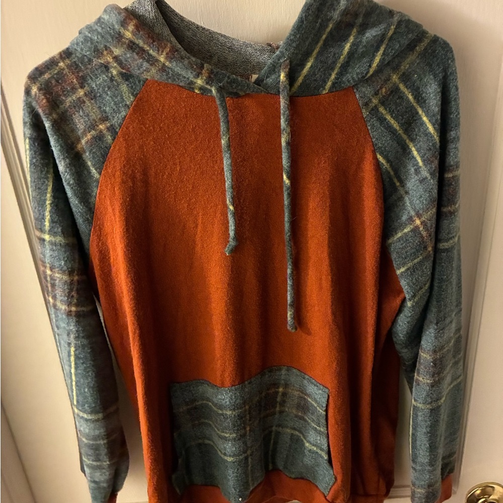 Plaid Patchwork Hoodie Sweatshirt - Orange and Blue - Picture 1 of 1